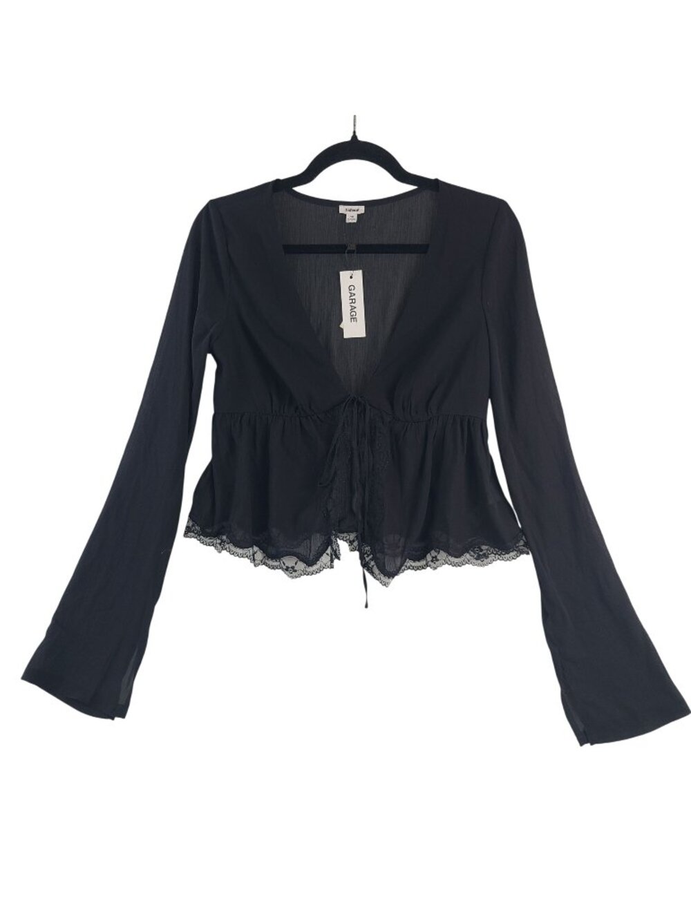 NEW Garage Georgette Lace Trim Flyaway Long Sleeve Top In Jet Black Size P/S